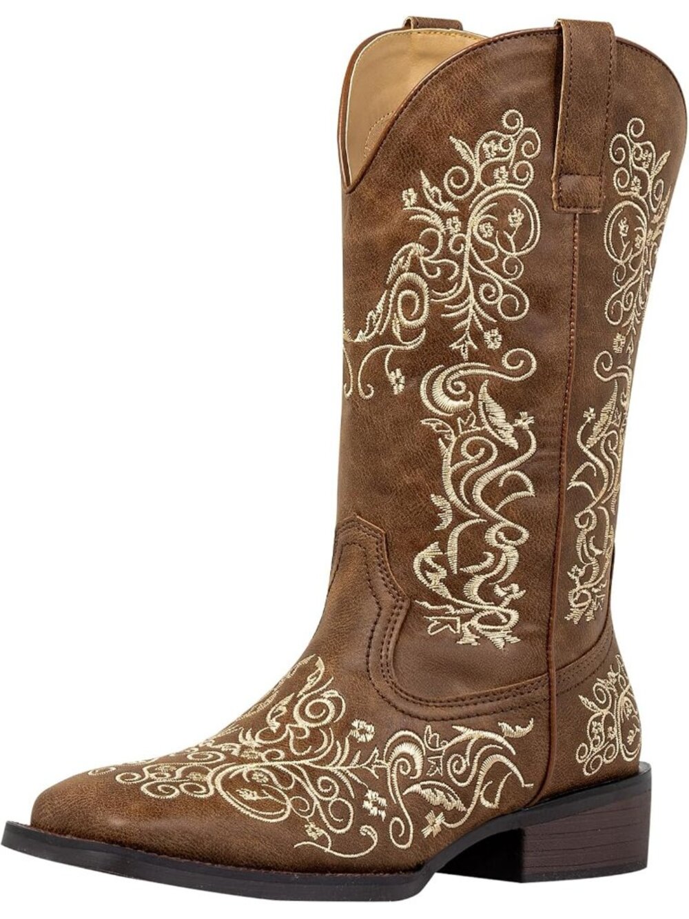 Women’s Dark Brown Rhinestone Cowboy Boots Mid Calf Square Toe Western Cowgirl B